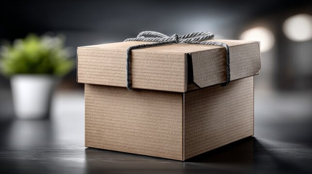 Gift box tied with a string ready for delivery in a simple setting
