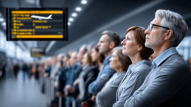 Travelers await departure in airport terminal with attention on flight information display