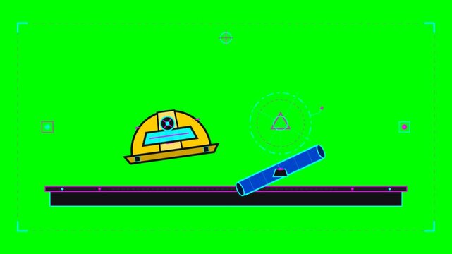 Stylized 2D animation of a construction hard hat and blue pipe bouncing on a platform with technical UI interface on green screen.