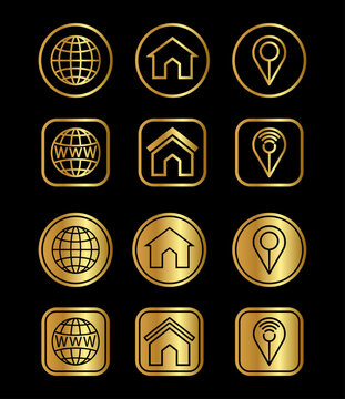 Luxury gold web icons set, 12 metallic golden website buttons on black background, elegant home globe and location pin vector symbols