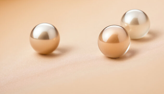Minimalist composition with three pearl spheres on beige satin surface