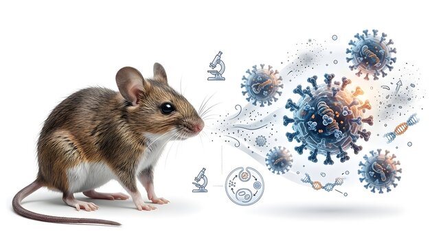 Hantavirus transmission from a field mouse, clean white background, 