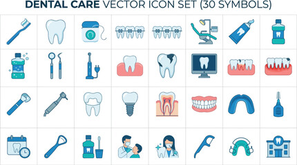 Fototapeta premium Set of dental care icons for dentistry and oral hygiene with healthcare stomatology orthodontics equipment cleaning treatment procedure mouthwash dentistry professional practice pictogram