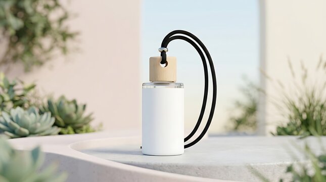 Blank car hanging air freshener bottle mockup with wooden cap and black string for automotive scent branding presentation