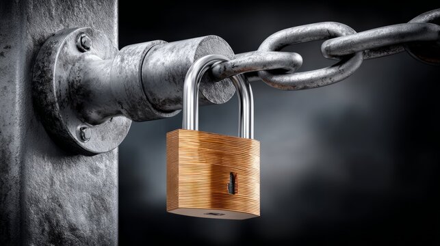 Lock secured on a chain attached to a metal post
