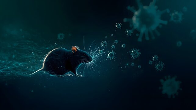Hantavirus transmission and public health awareness, realistic field mouse silhouette emerging from a subtle biological data network,