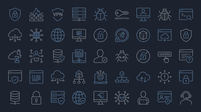 Digital security and cloud networking thin line icon set on dark background with cybersecurity security connection information encryption technology database internet protection software