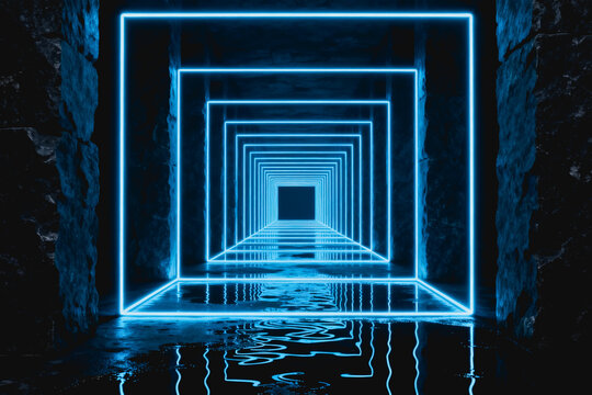 This 3D rendered scene features a dark stone tunnel lined with repeating blue neon cube frames, with reflective wet water on the floor amplifying the glowing symmetry.