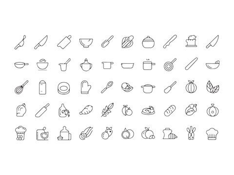 Line icons of kitchen utensils and food items for cooking and baking  kitchen tools and ingredients