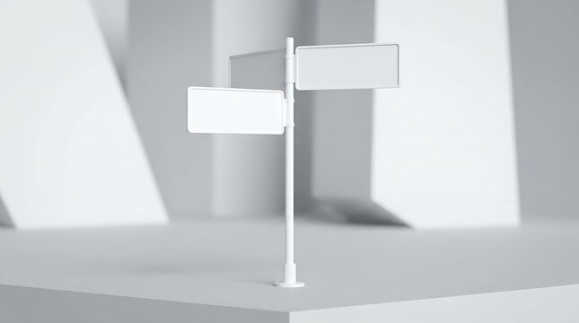 Blank directional signpost with two empty boards for event wayfinding and exhibition navigation on abstract pedestal floor
