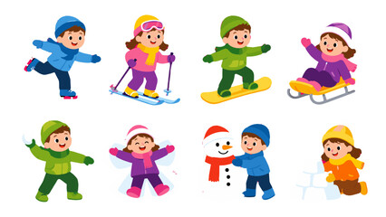 Fototapeta premium Set of children enjoying winter outdoor activities illustration