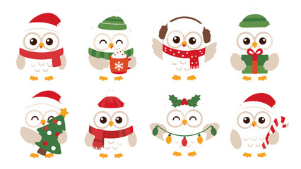 Fototapeta premium Cute Christmas owls in winter hats and scarves vector set