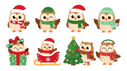 Fototapeta premium Cute owls in winter hats scarves gift box and sleigh set
