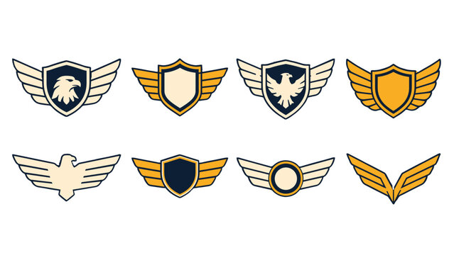 Set of winged shield badge icons in gold and navy vector style
