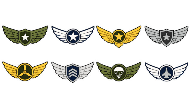 Set of military style winged badge and emblem vector icons