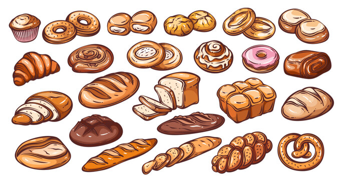 Bakery bread pastry set collection. Artisan bakery products, loaves, rolls, croissant, donut, pretzel, sliced bread assortment. Retro vintage line art hand drawn bakery set vector illustration.