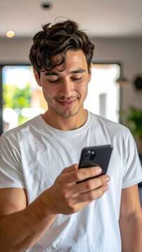Smiling Young Man Looking at Smartphone Indoors in Casual White Shirt