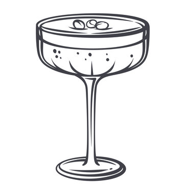 Espresso martini cocktail in coupe glass with coffee foam and three beans on top in monochrome outline. Bar menu, evening drink card and cocktail design with espresso martini, vector illustration