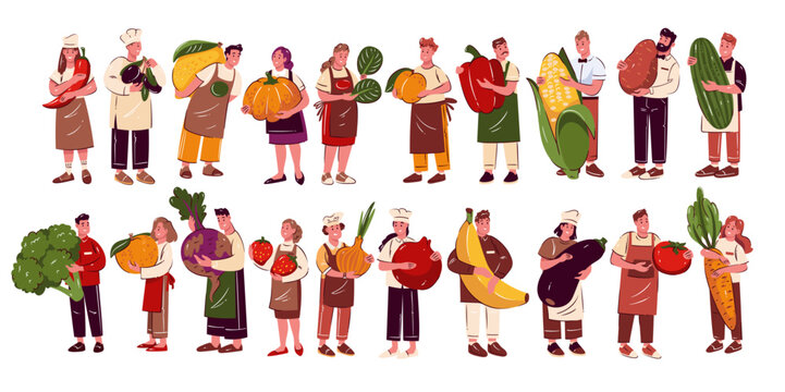 Collection of chefs, farmers and sellers holding huge fruits and vegetables symbolizing organic farming, vegan lifestyle, healthy eating and agriculture concept, flat cartoon vector illustration.