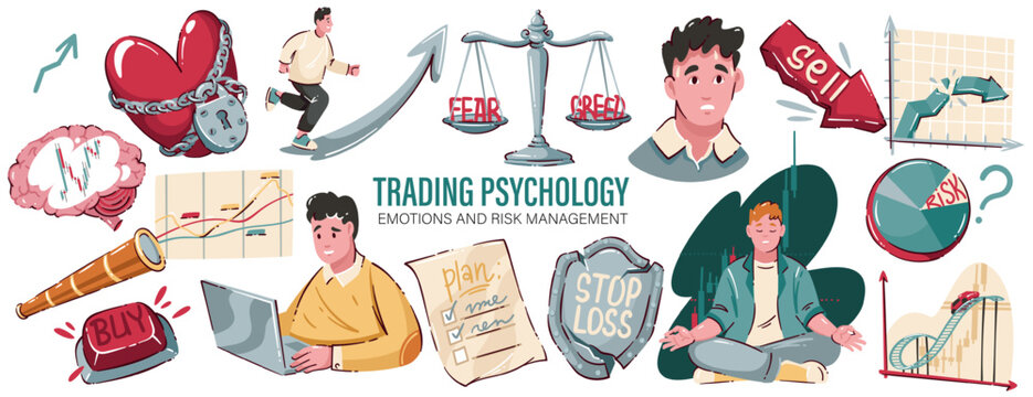 Trading psychology icon set with fear and greed scales, stop loss shield, buy sell buttons, trader emotions, chart symbols and risk tools. Emotional trading psychology concept, vector illustration.