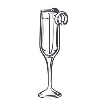 French 75 cocktail in flute glass with sparkling drink and citrus twist garnish in monochrome outline. Bar menu, celebration drink card and cocktail design with French 75, vector illustration
