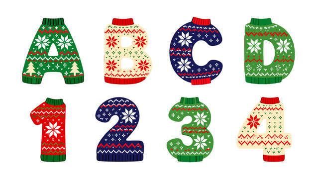 Festive alphabet and numbers in knitted sweater pattern style