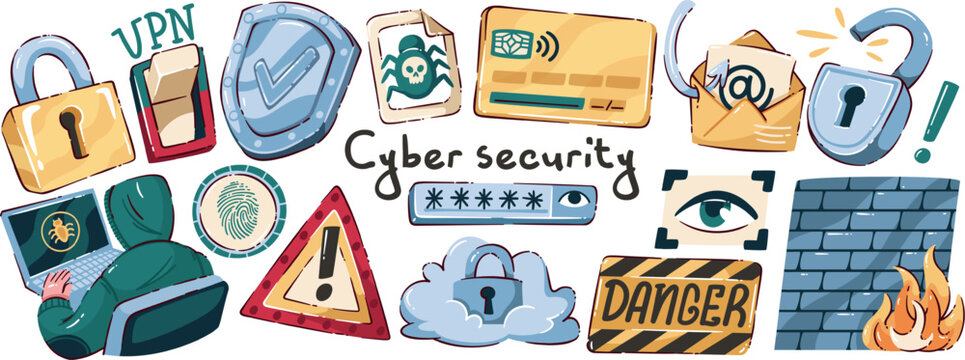 Cyber Security Warning Set with locks, password field, shield, phishing mail, danger signs, firewall, cloud access, hacker threat icons, doodle vector illustration