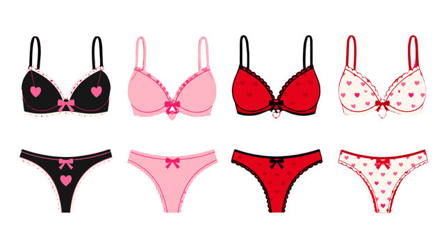 Set of colorful bra and panties with heart patterns