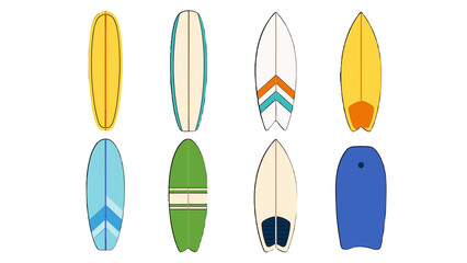 Naklejka premium Set of colorful surfboards and bodyboard viewed from above