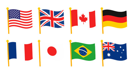 Naklejka na ściany i meble Set of waving national flags on poles in colorful vector style