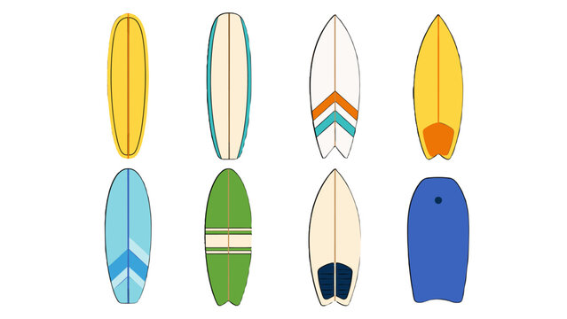 Set of colorful surfboards and bodyboard viewed from above