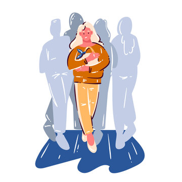 Woman Standing In Crowd with crossed arms, worried face, gray silhouettes and blue floor. Social anxiety scene with Woman Standing In Crowd, flat lifestyle vector illustration.