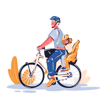 Father Riding Bicycle with child in rear seat, helmets, bike wheels and outdoor path. Family transport scene with father riding bicycle, flat lifestyle vector illustration.