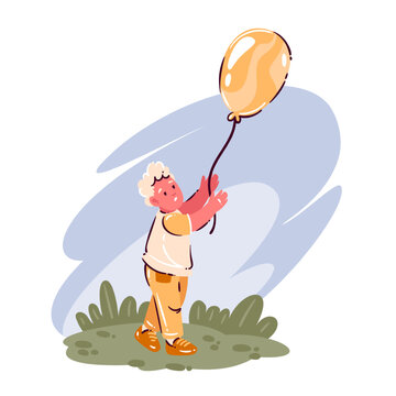 Boy Holding Balloon in outdoor scene with yellow balloon, string, small hands, grass and blue sky backdrop. Childhood play moment with boy holding balloon, flat lifestyle vector illustration.