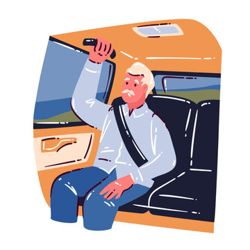 Senior Man Holding Car Handle in car back seat with seat belt, window and raised hand. Ride safety scene with senior man holding car handle, flat lifestyle vector illustration.