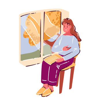 Woman Reading Letter by autumn window with chair, open paper, home interior and relaxed pose. Quiet lifestyle scene with woman reading letter, flat vector illustration