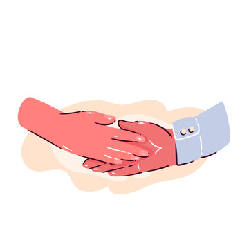 Handshake Agreement with close up hands, shirt cuff and soft abstract backdrop. Business deal scene with handshake agreement, flat lifestyle vector illustration.