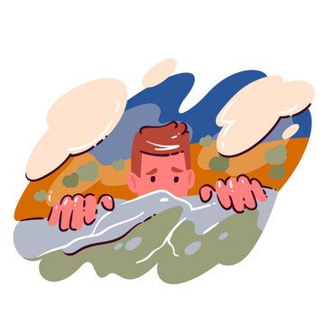 Man Holding On Edge with worried face, hands gripping ledge, rocky landscape and sky backdrop. Survival challenge scene with man holding on edge, flat lifestyle vector illustration.