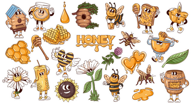 Honey cartoon set with bees, honeycomb, jar, dipper, dripping drops, hive, barrel, flowers, leaves, hearts, toast, cute mascots in groovy outline cartoon vector illustration
