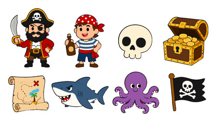 Cartoon pirate set with treasure chest map skull shark and octopus © Andrei