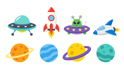 Cute space vector set with rockets, UFOs, alien, and planets © Andrei