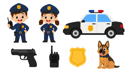 Cartoon police officer set with patrol car dog badge and equipment © Andrei