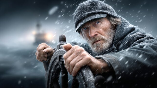 Resilient sailor navigates the storm aboard a vessel at sea with determination and focus