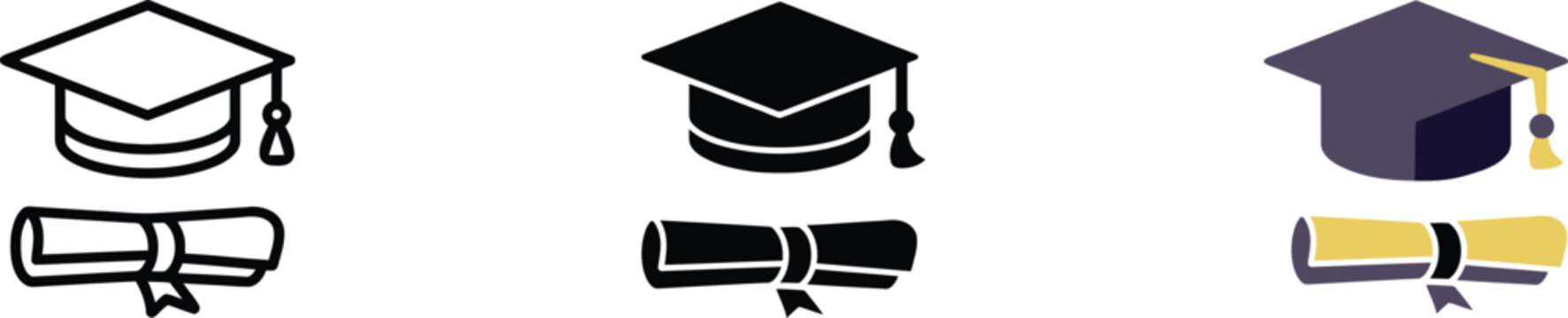 Graduation Cap and Diploma Certificate Icon Set Vector Illustration