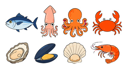 Cartoon seafood set with fish squid octopus crab and shells © Andrei