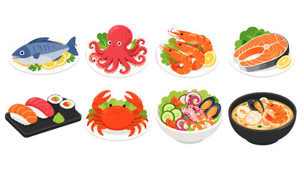 Seafood dishes and sushi set in colorful cartoon vector style © Andrei