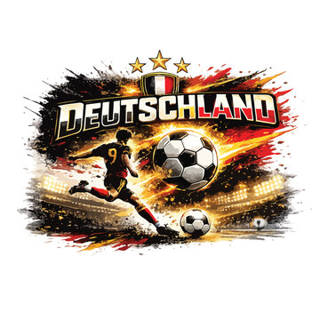 "Germany football t-shirt design, giant DEUTSCHLAND typography, powerful black red gold paint splashes, football warrior silhouette, realistic football, premium supporter graphic."
