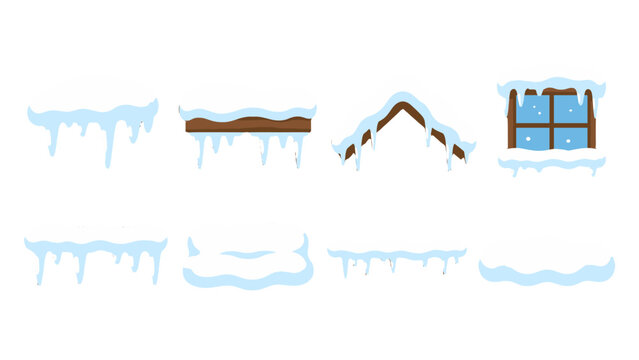 Set of snowy roof edges and window with hanging icicles