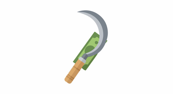 Illustration of a sharp green sickle tool with wooden handle.
