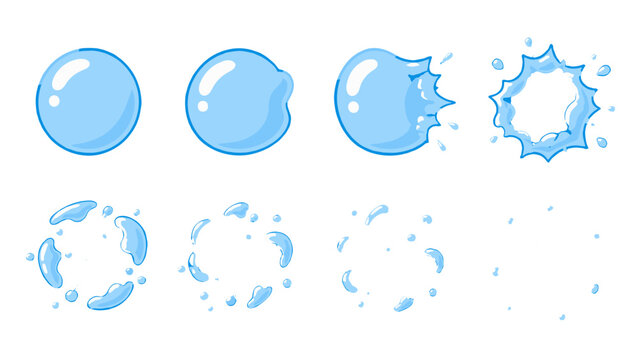 Blue bubble popping sequence with splash cartoon vector set